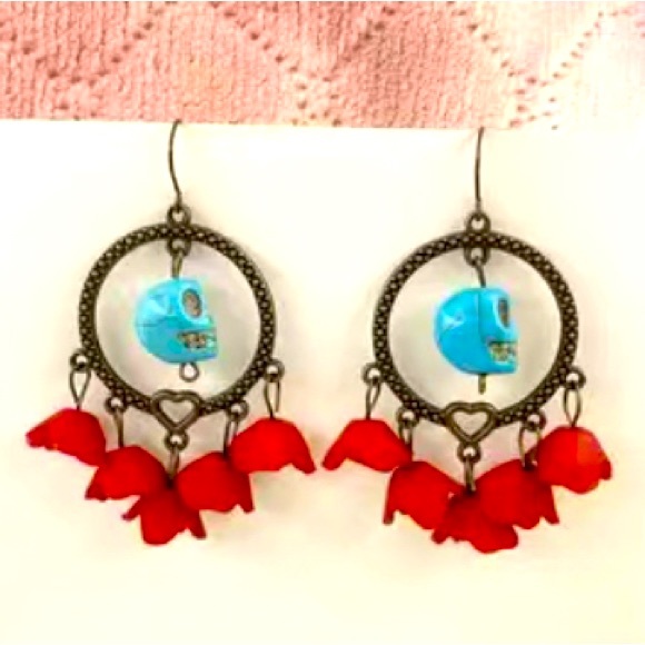 Skull And Rose Earrings * Goth Punk Halloween - Picture 2 of 5